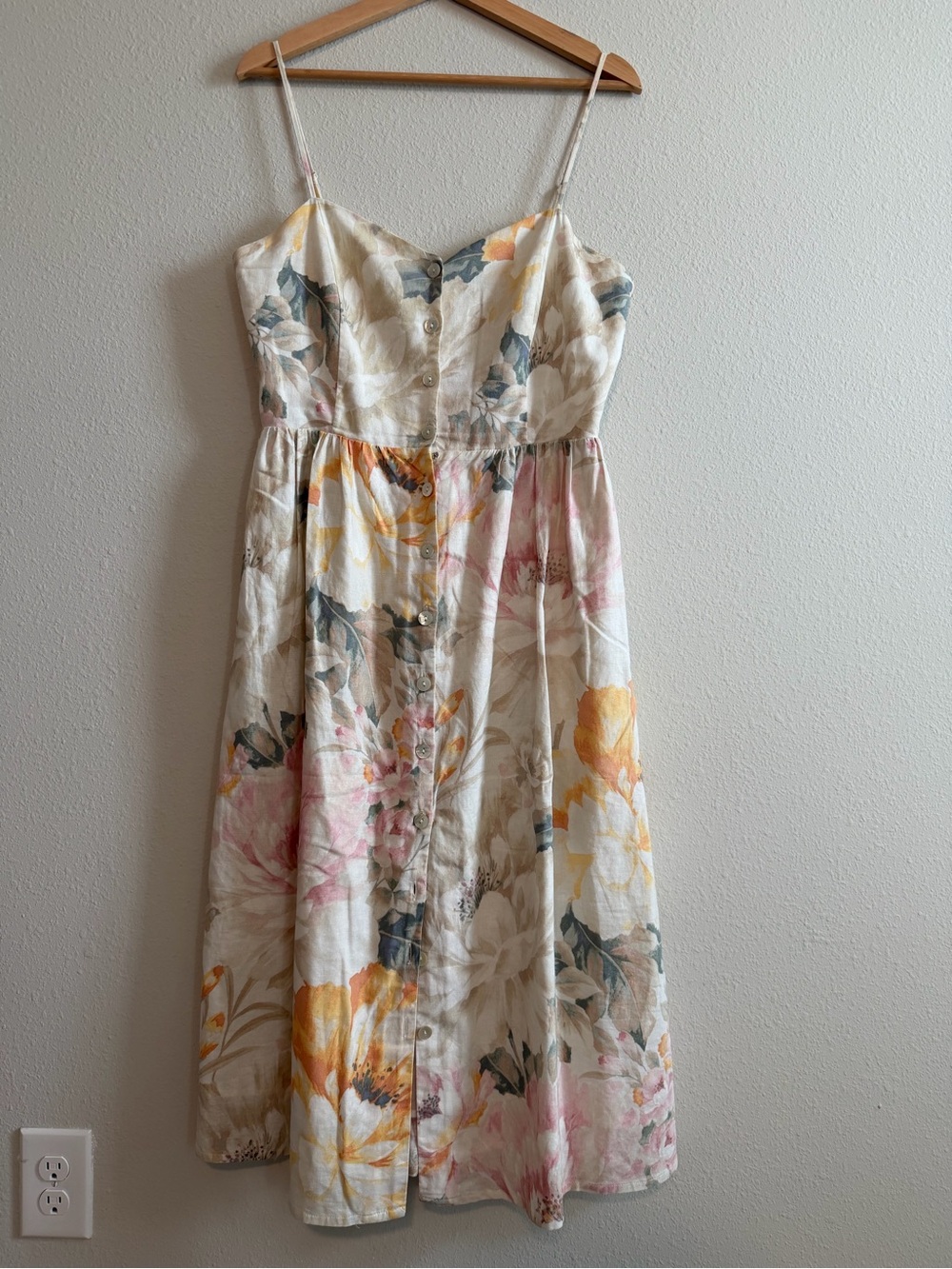 H&M Cream Floral Button-Front Midi Dress with Pink & Yellow Blooms